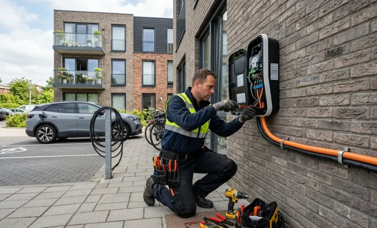 Elektricien installeert laadpaal aan gevel van appartementengebouw voor elektrische auto