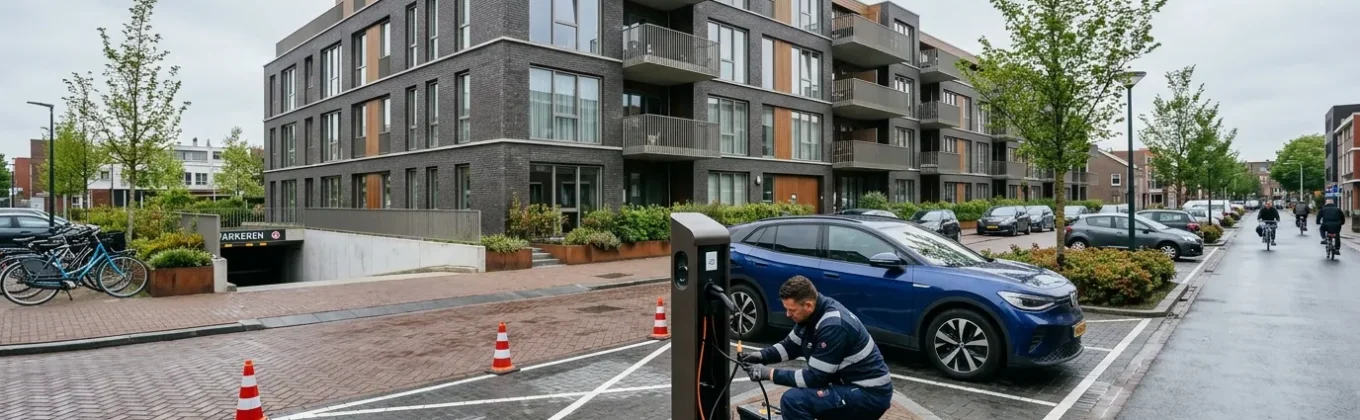 Monteur installeert laadpaal bij appartementencomplex, kosten laadpaal installeren voor vastgoedeigenaren