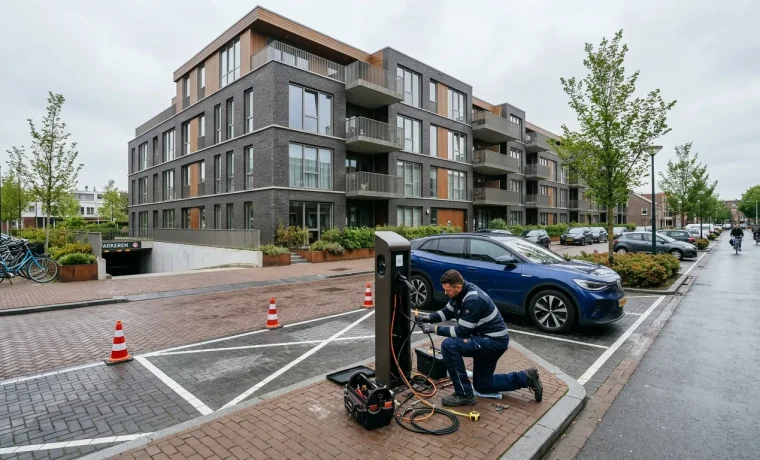 Monteur installeert laadpaal bij appartementencomplex, kosten laadpaal installeren voor vastgoedeigenaren