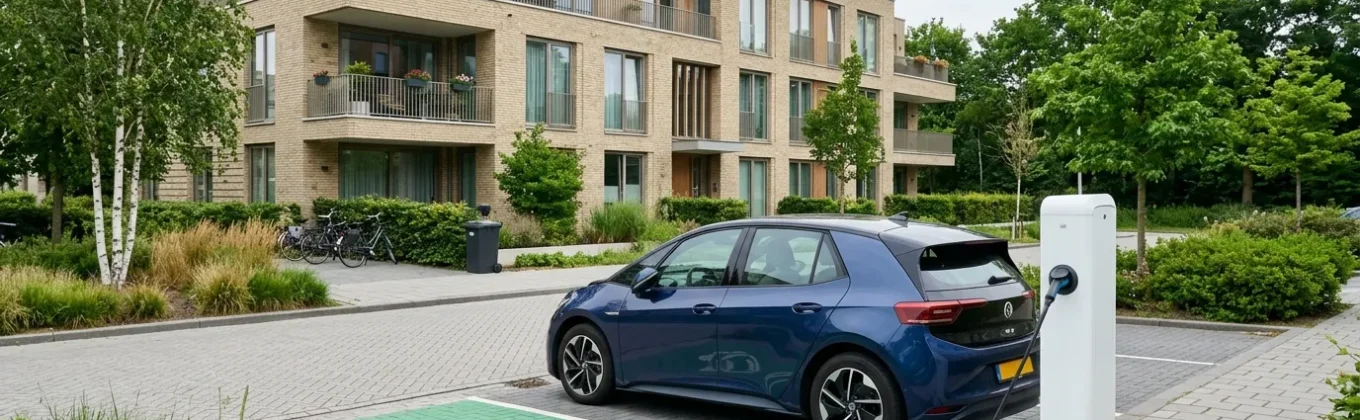 Laadpaal bij appartementengebouw voor het vergelijken van opties om een laadpaal te leasen, huren of kopen