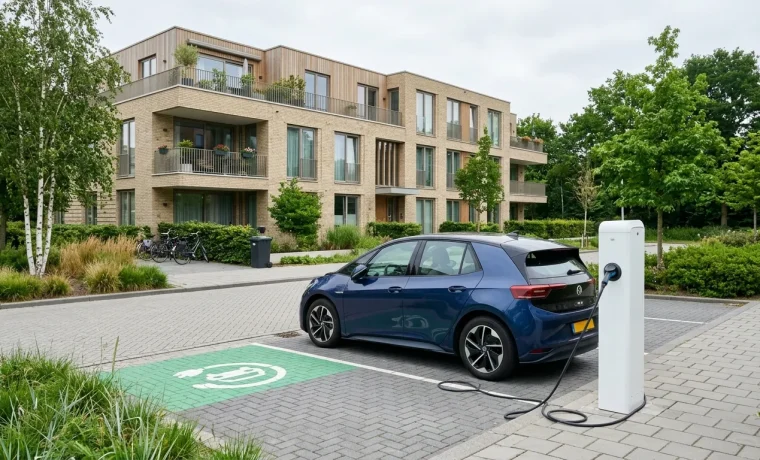 Laadpaal bij appartementengebouw voor het vergelijken van opties om een laadpaal te leasen, huren of kopen