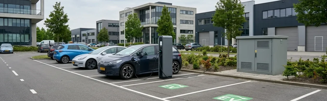 Laadpaal op bedrijventerrein bij moderne bedrijfspanden met elektrische auto's en netaansluiting