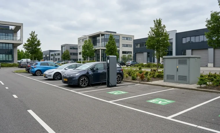 Laadpaal op bedrijventerrein bij moderne bedrijfspanden met elektrische auto's en netaansluiting