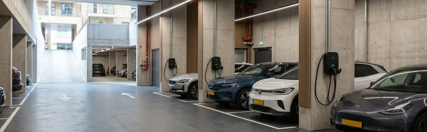 Rij laadpalen met load balancing in parkeergarage van appartementencomplex, meerdere elektrische auto's laden tegelijk zonder zwaardere netaansluiting