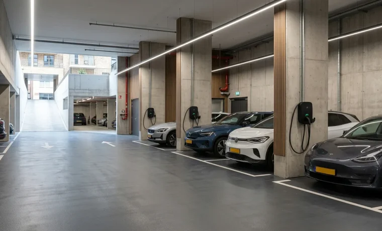 Rij laadpalen met load balancing in parkeergarage van appartementencomplex, meerdere elektrische auto's laden tegelijk zonder zwaardere netaansluiting