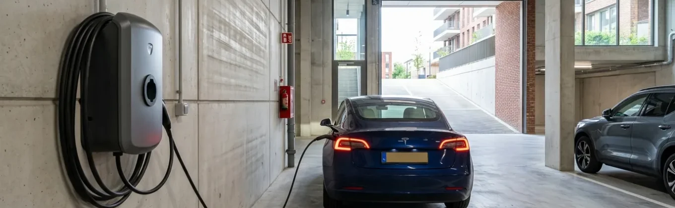 Slimme laadpaal voor elektrische auto in parkeergarage van vastgoedcomplex