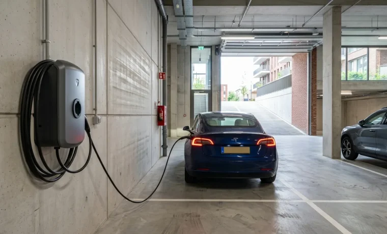 Slimme laadpaal voor elektrische auto in parkeergarage van vastgoedcomplex