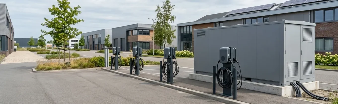 Energiehub met laadpalen en batterijopslag op bedrijventerrein ter voorkoming van netcongestie