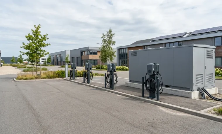 Energiehub met laadpalen en batterijopslag op bedrijventerrein ter voorkoming van netcongestie