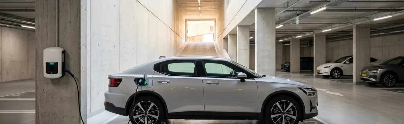 Elektrische laadpaal in parkeergarage van vastgoedcomplex voor ERE-certificaat aanvraag