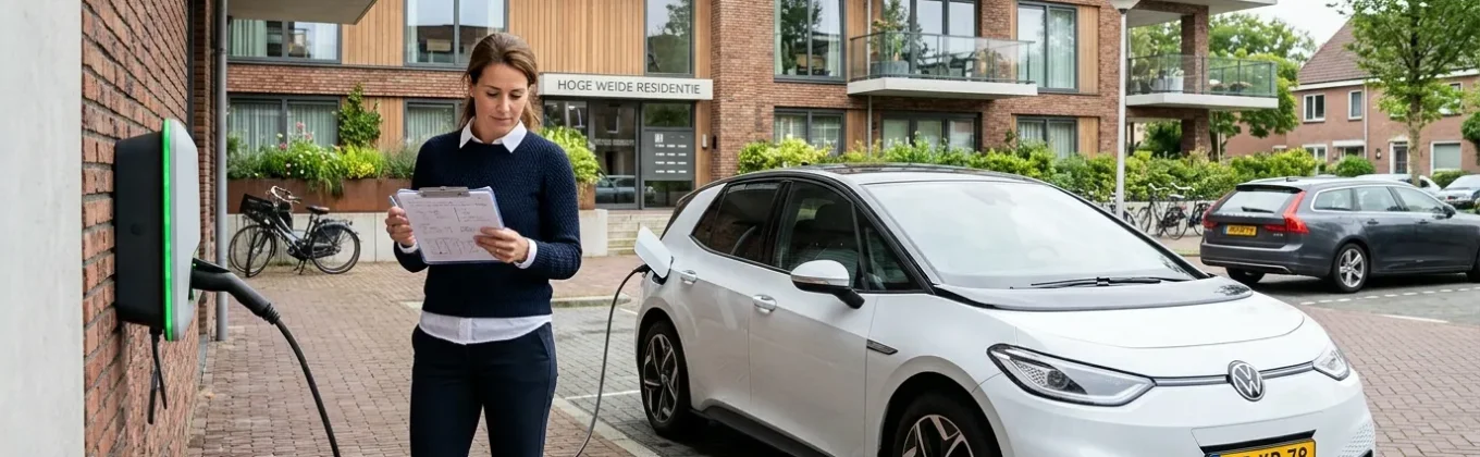 Vastgoedbeheerder bij laadpaal controleert documenten voor het aanvragen van ERE-certificaten