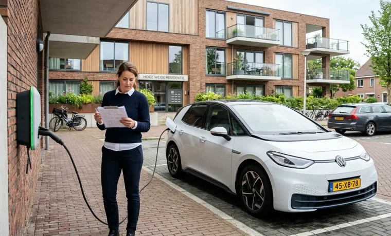 Vastgoedbeheerder bij laadpaal controleert documenten voor het aanvragen van ERE-certificaten