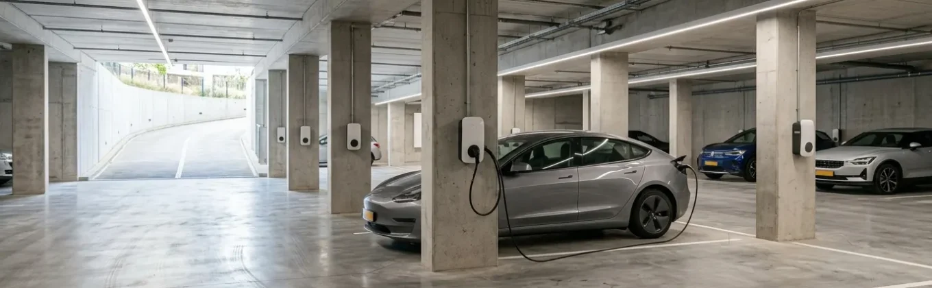 Elektrische laadpalen in parkeergarage van appartementengebouw, relevant voor ERE-certificaten en laadinfrastructuur