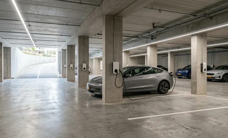 Elektrische laadpalen in parkeergarage van appartementengebouw, relevant voor ERE-certificaten en laadinfrastructuur