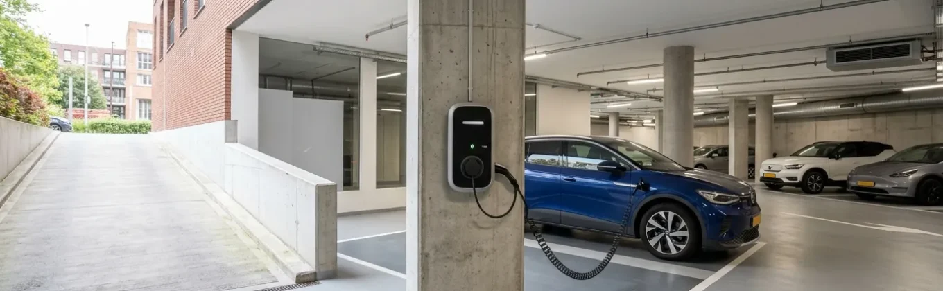 Laadpaal voor elektrische auto in parkeergarage van appartementencomplex, relevant voor kosten laadpaal en nettarieven voor vastgoedeigenaren