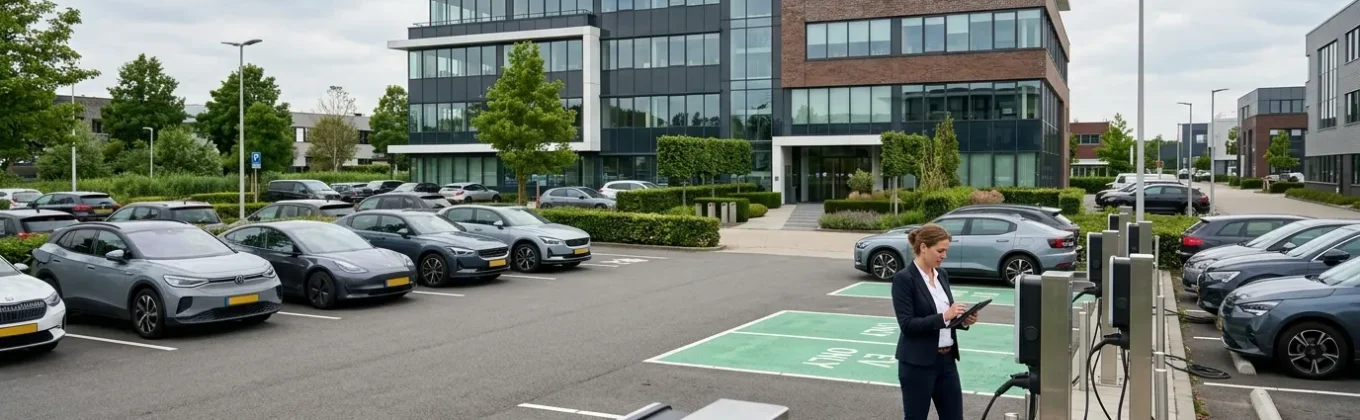 Laadpalen op parkeerterrein bij kantoorpand, voorbeeld van kosten laadpaal zakelijk voor vastgoedeigenaren