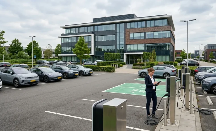Laadpalen op parkeerterrein bij kantoorpand, voorbeeld van kosten laadpaal zakelijk voor vastgoedeigenaren