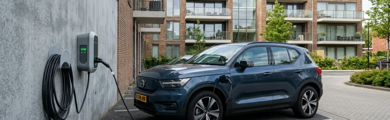 Laadpaal elektrische auto bij appartementencomplex voor netbewust laden op eigen terrein