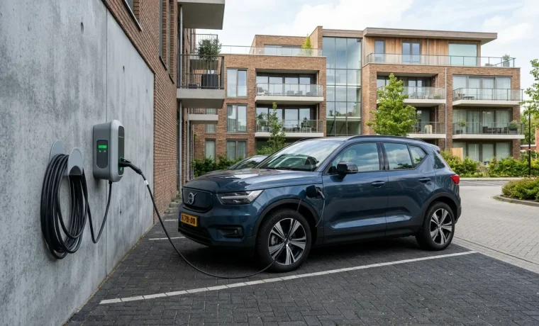 Laadpaal elektrische auto bij appartementencomplex voor netbewust laden op eigen terrein