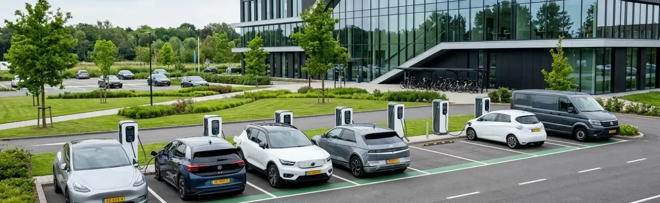 Laadplein voor bedrijven met meerdere laadpalen voor elektrische auto's op een bedrijventerrein in Nederland