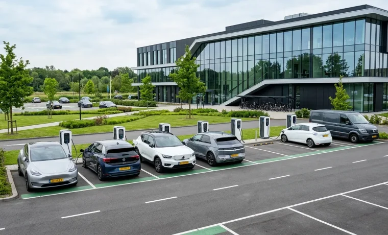 Laadplein voor bedrijven met meerdere laadpalen voor elektrische auto's op een bedrijventerrein in Nederland
