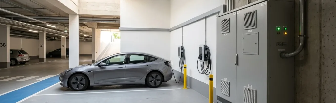 Batterijopslagsysteem naast laadpalen in parkeergarage als oplossing voor netcongestie bij vastgoed