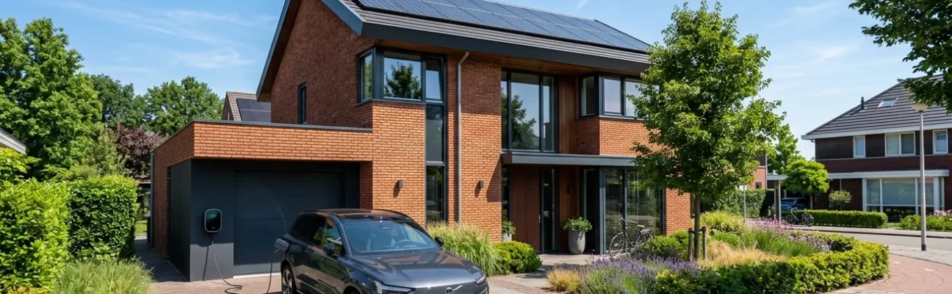 Slimme laadpaal aan huis met zonnepanelen op het dak voor duurzaam en kostenefficiënt elektrisch laden