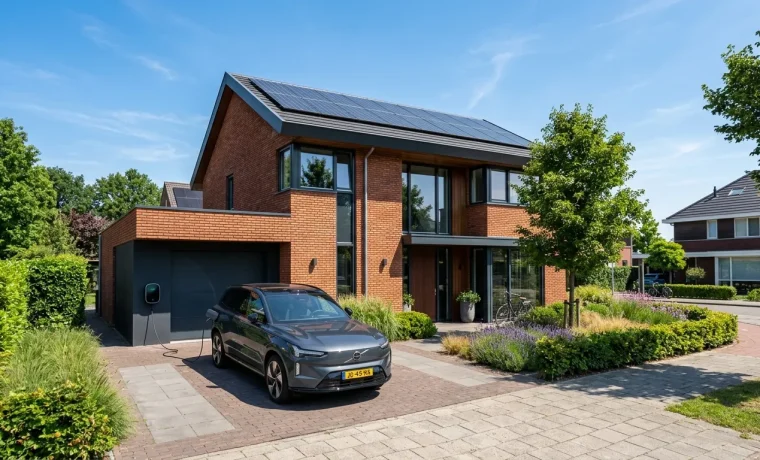 Slimme laadpaal aan huis met zonnepanelen op het dak voor duurzaam en kostenefficiënt elektrisch laden
